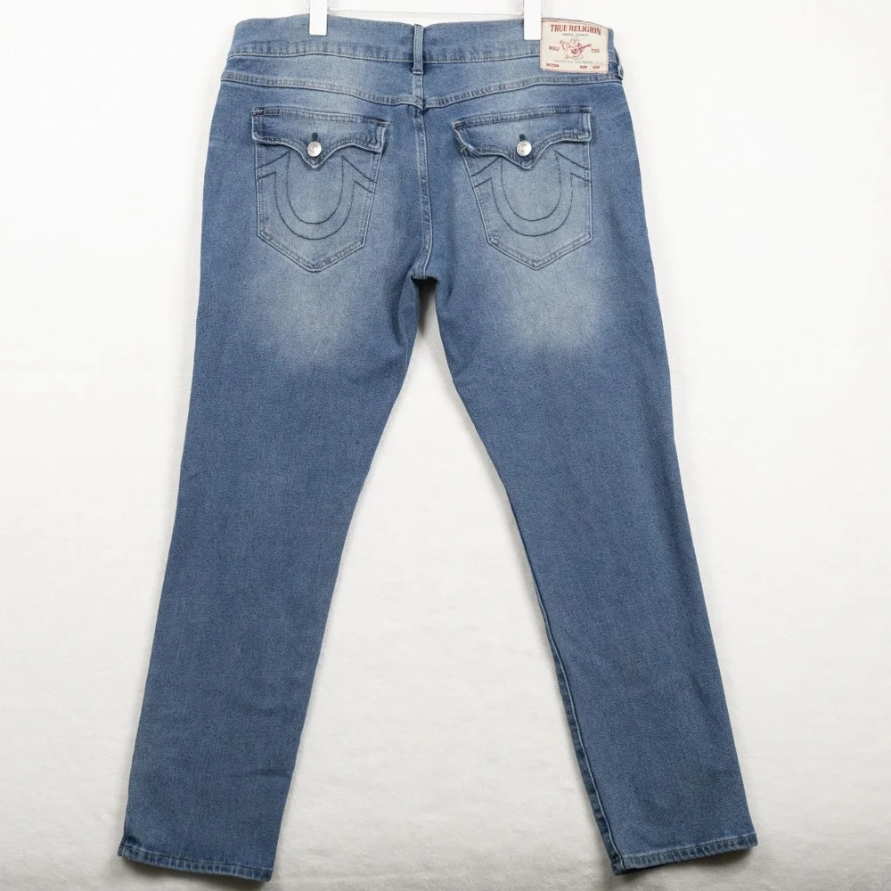TRUE RELIGION Geno Relaxed Slim Horseshoe Flap Pocket Blue Jeans Sz 38